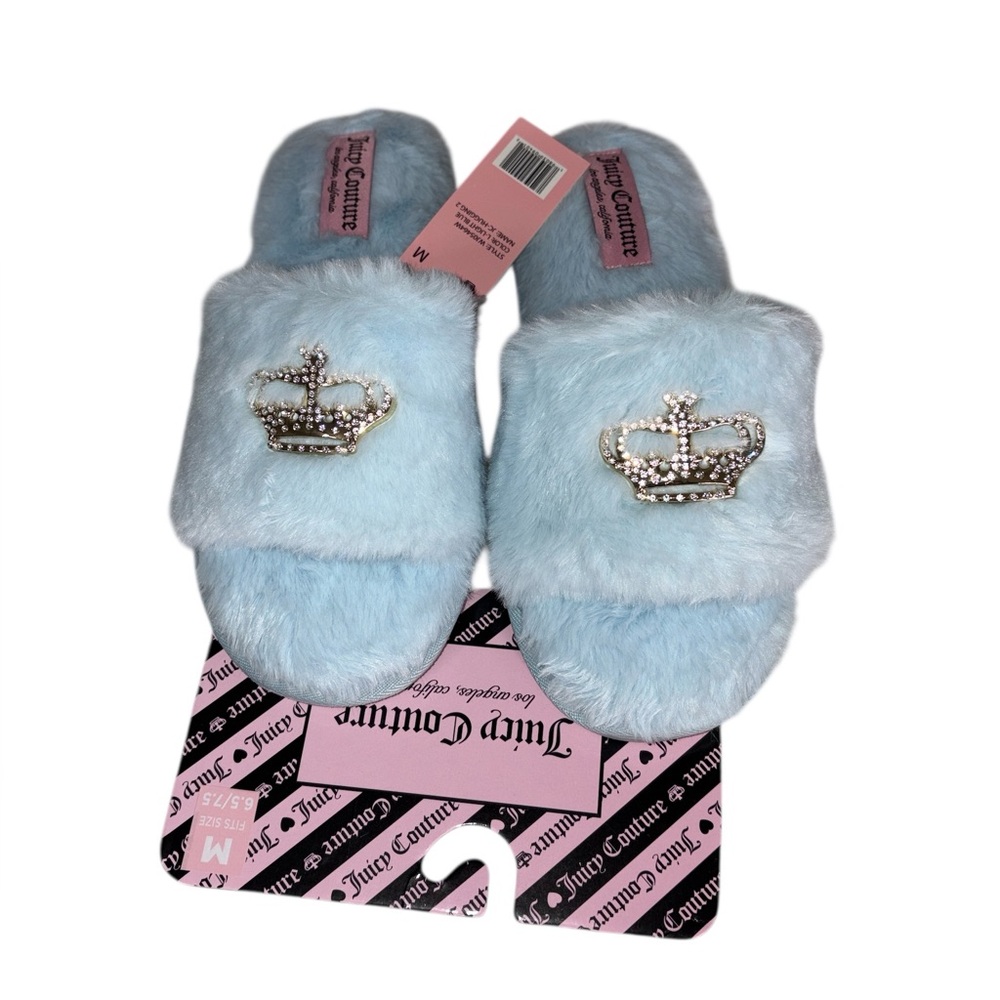 NWT Juicy Couture Slide Slippers Faux Fur Blue Silver Crown Women Size M 6.5-7.5 - Picture 4 of 9